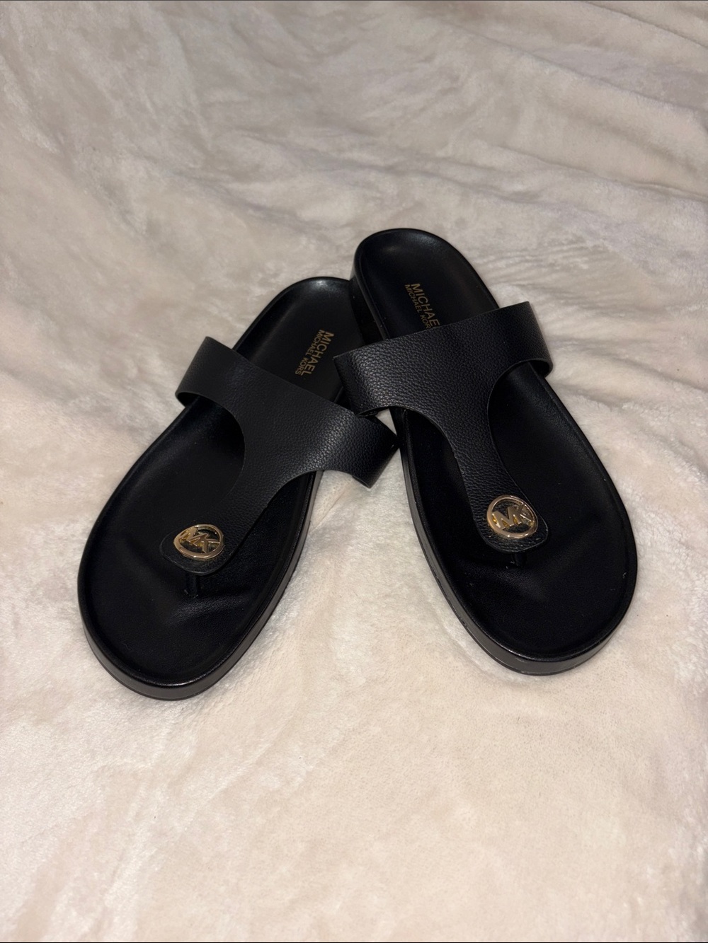 Michael Kors Black Leather Toe-Post Slide Sandals with Gold Logo
